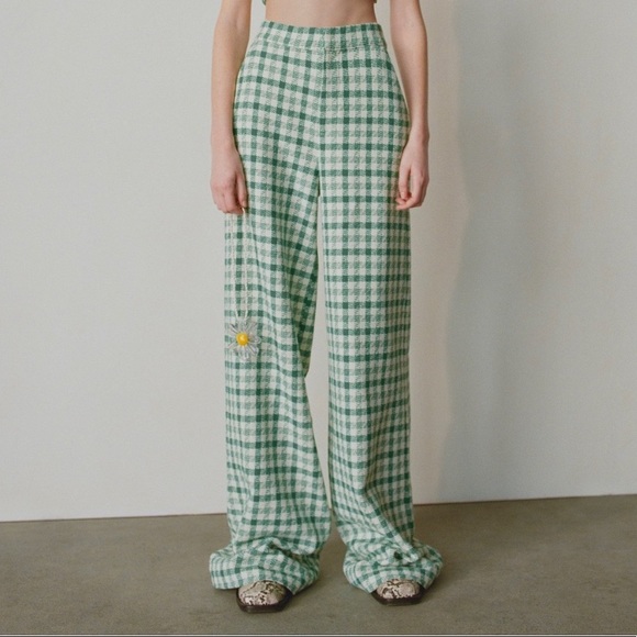 Retro Inspired High Waist Green Plaid Wide Leg Pants Zara Extra Small - Picture 3 of 12